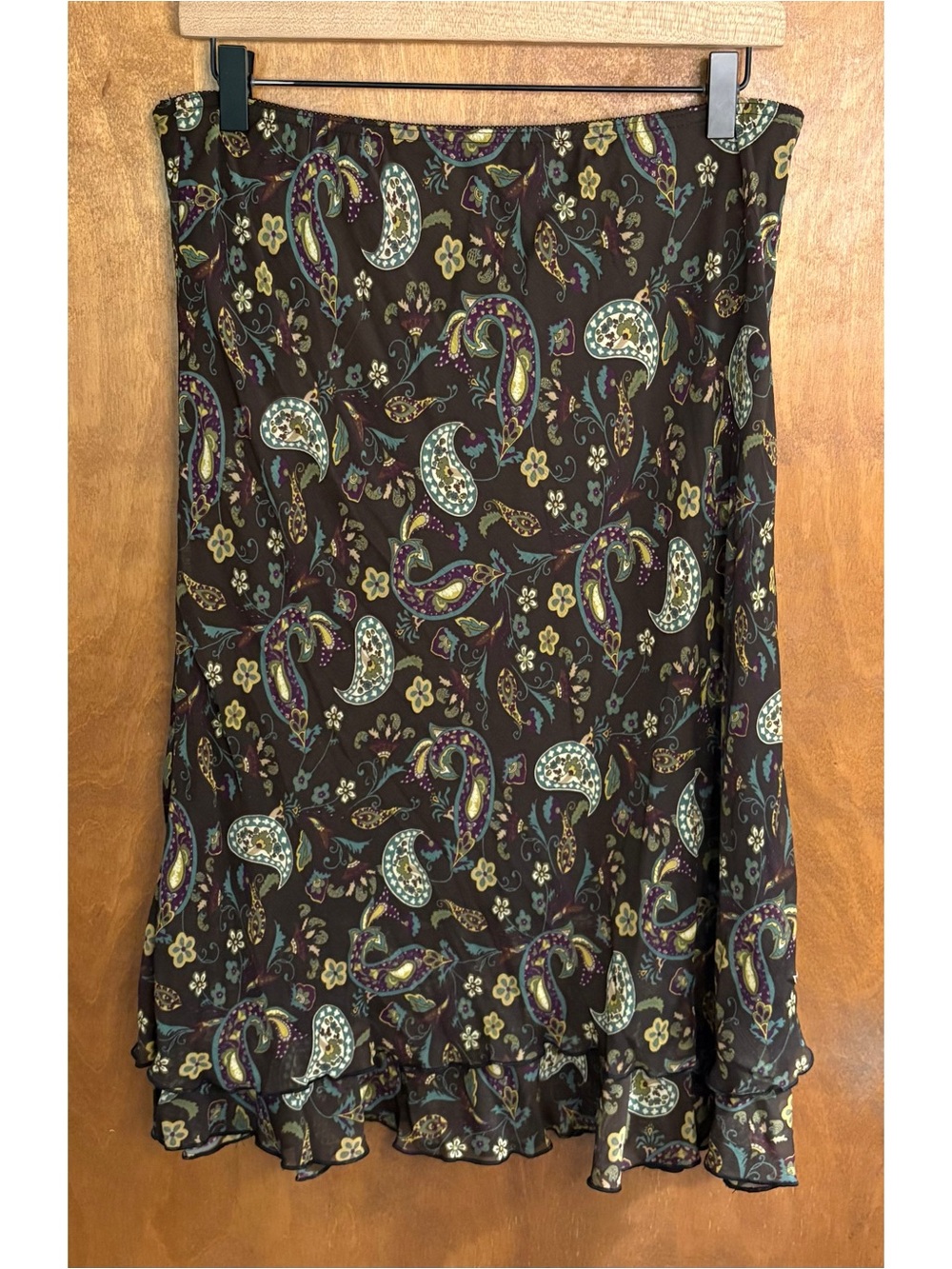 Vintage Brown Green Paisley Floral Sheer Mesh Midi Skirt Forest Fairy Grunge Y2K